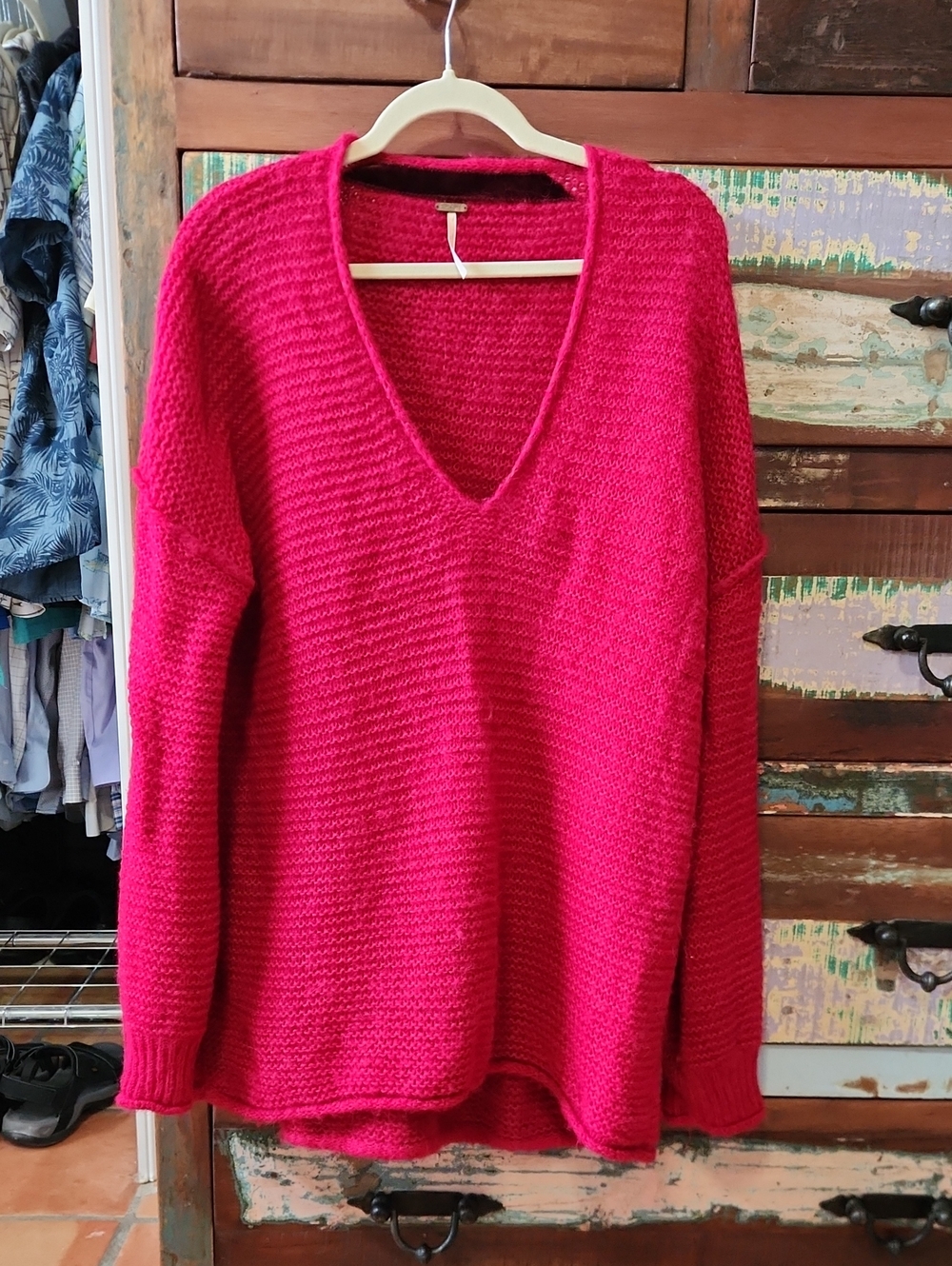 Free People Oversized V-Neck Sweater in Vibrant Fuchsia